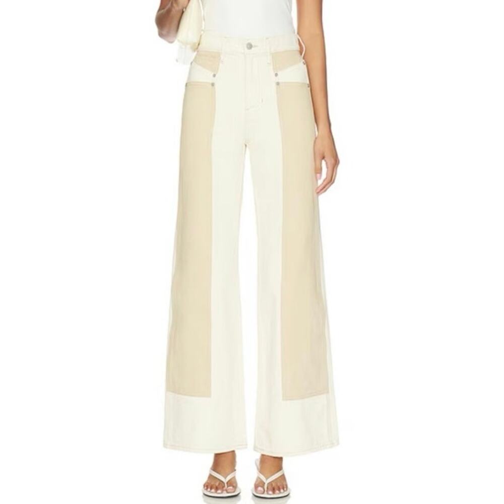 Veronica Beard Taylor Wide Leg Jeans in Ecru & Stone Khaki Size 27